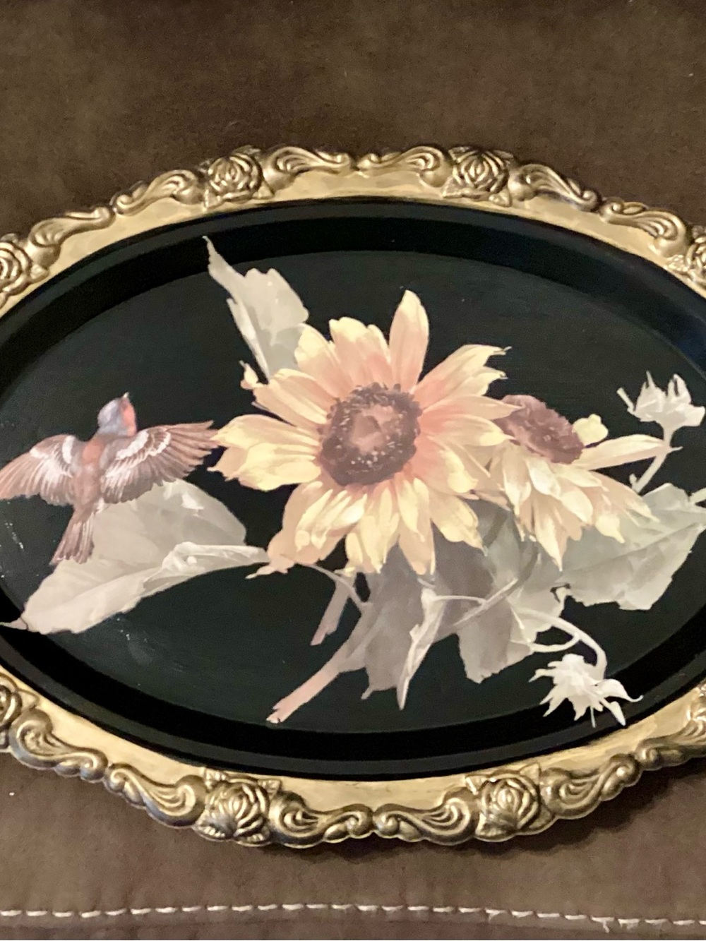 Vintage Floral Oval Tray with Sunflower and Bird - Gold Trim